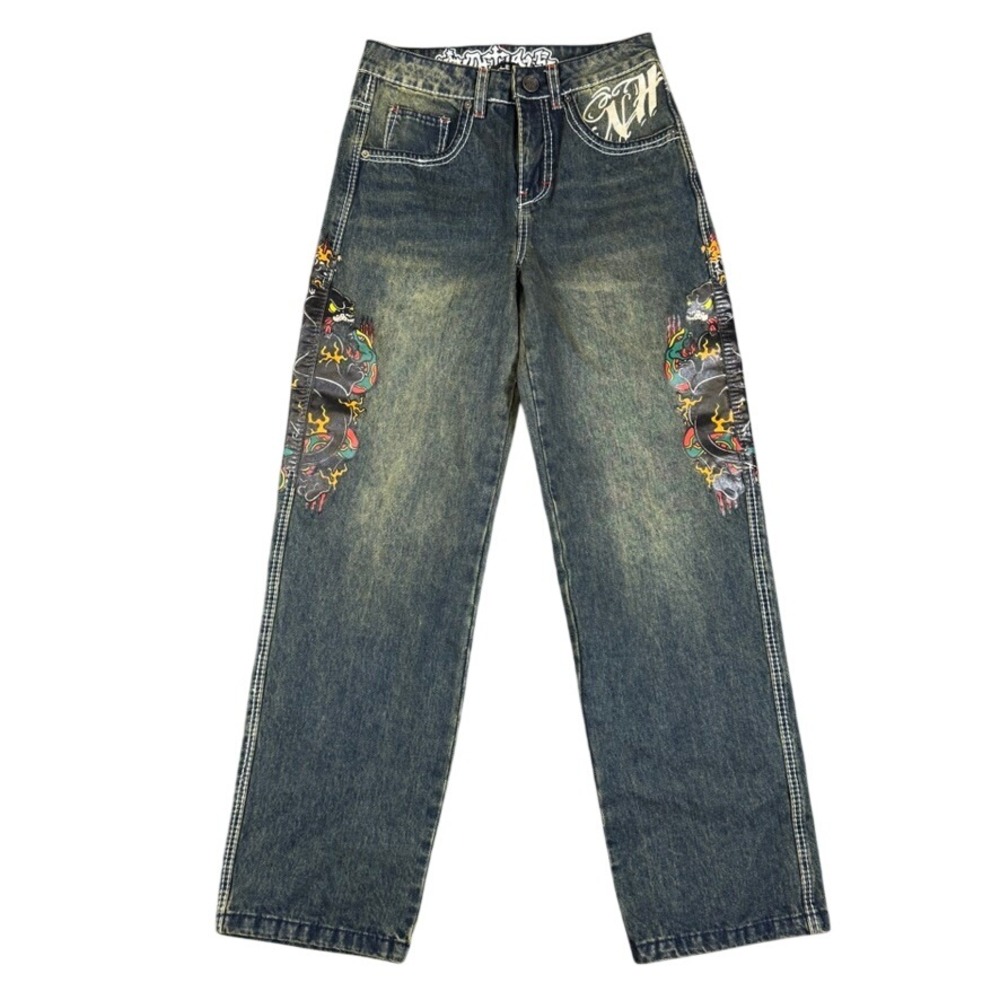 Idle | O Women Graphic Panther Flame Jeans Straight Leg Blue Yellow Wash Size 0